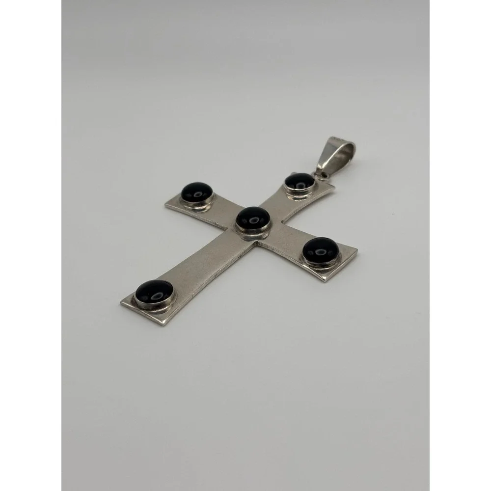 Large VTG Taxco Mexico 925 Sterling Silver 925 Black Onyx Cross Pendant